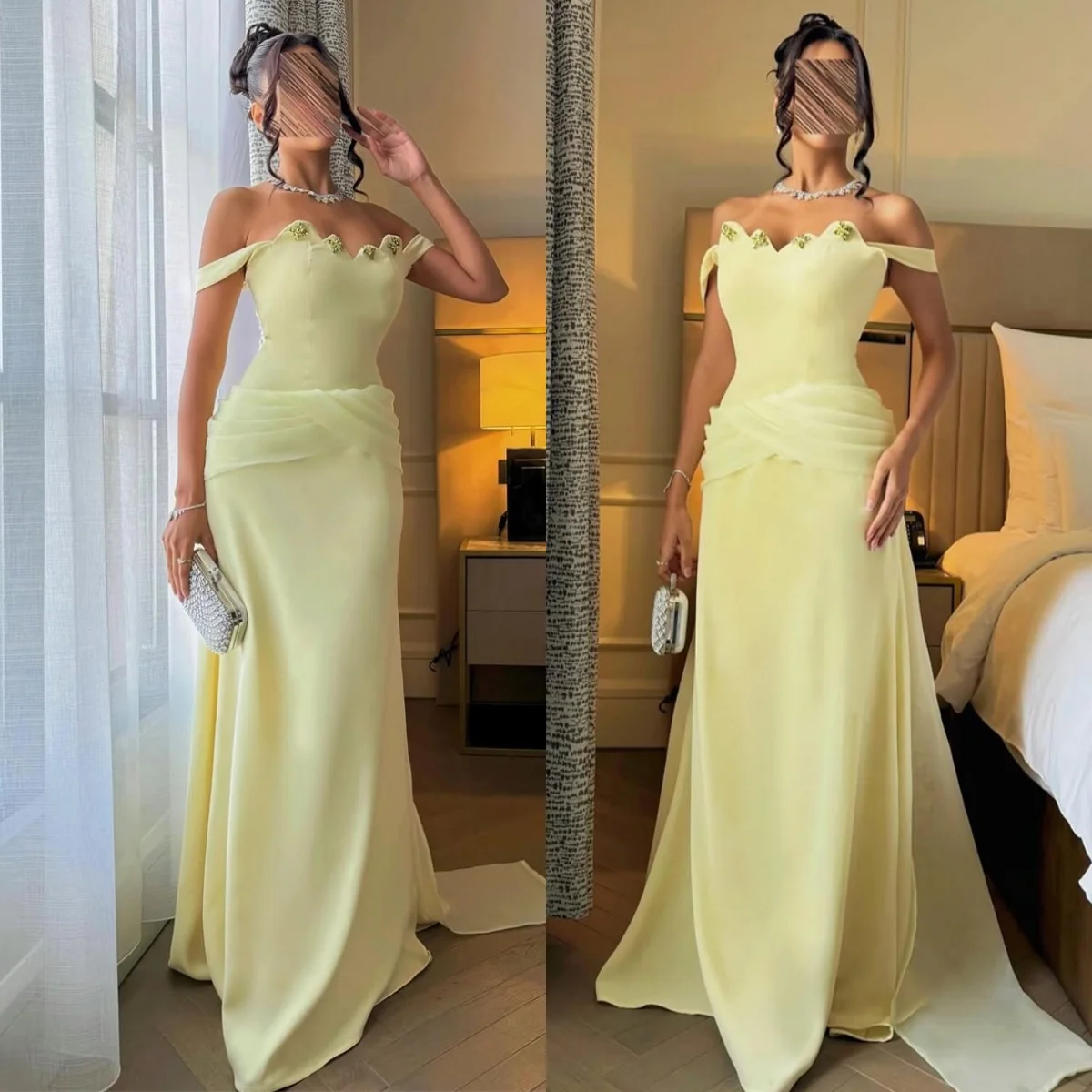 Customized Exquisite Yellow Jersey Evening Dress Elegant Off the Shoulder Strapless Zipper Back Chapel Train Homecoming Dress