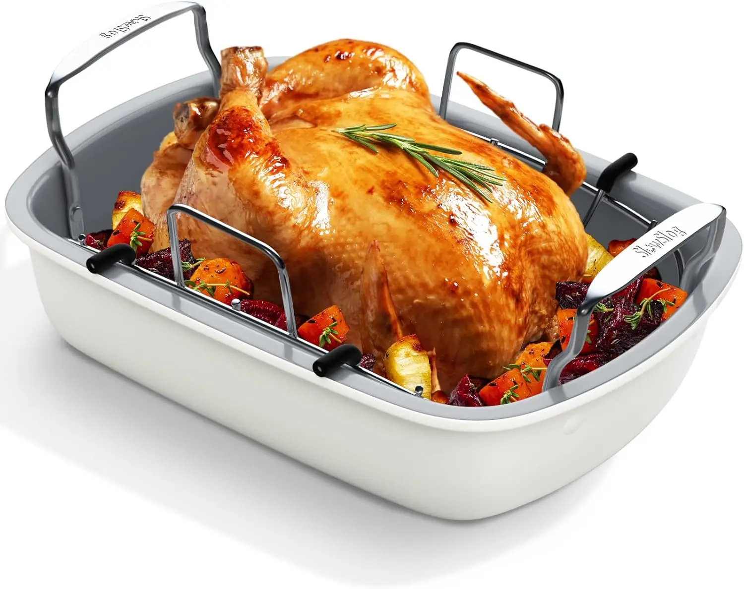 Nonstick Turkey Roasting Pan with Rack, 17 x 13 Inch Turkey Pan, large roaster pan for Meat & Vegetable, White