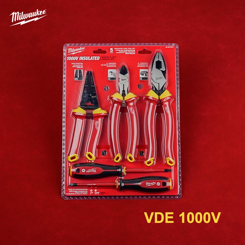 Conjunto de Ferramentas Manuais Isoladas Milwaukee 5 Peças 1000V, Alicates e Chaves de Fenda para Eletricistas, Ferramenta de Corte e Reparo de Fios 48-22-2215