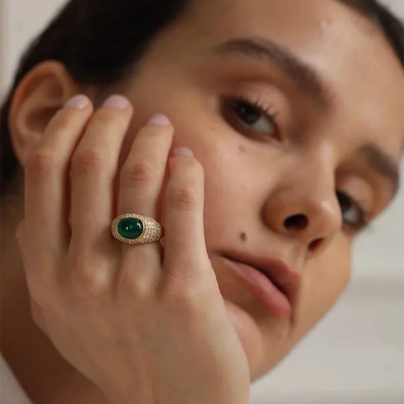 Modern Vintage Gold Tone Wide Pave Clear CZ Emerald Green Oval Rings for Women Party