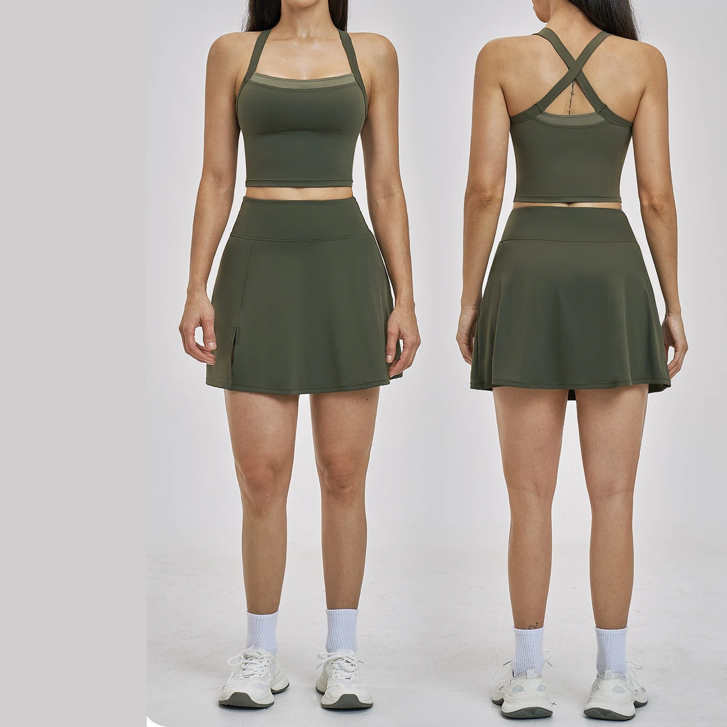 Ningyu 2PCS Naked Yoga Set Women's Gym Set Cross back Beauty Fast Drying Tennis Set Running Sports Short Skirt Set Yoga Clothing