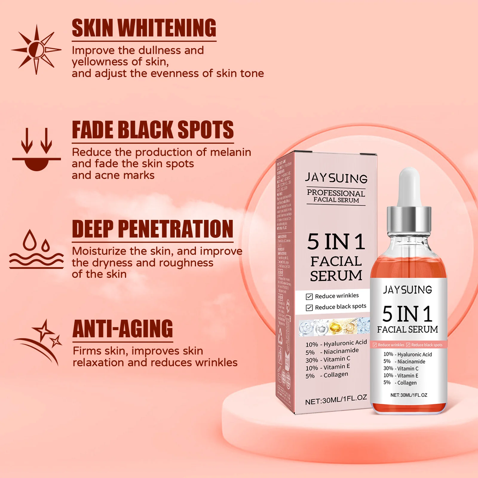 5 In 1 Facial Serum Fade Fine Lines Firming Skin Shrink Pores Moisturizing Brightning Vitamin C Hyaluronic Acid Face Serum