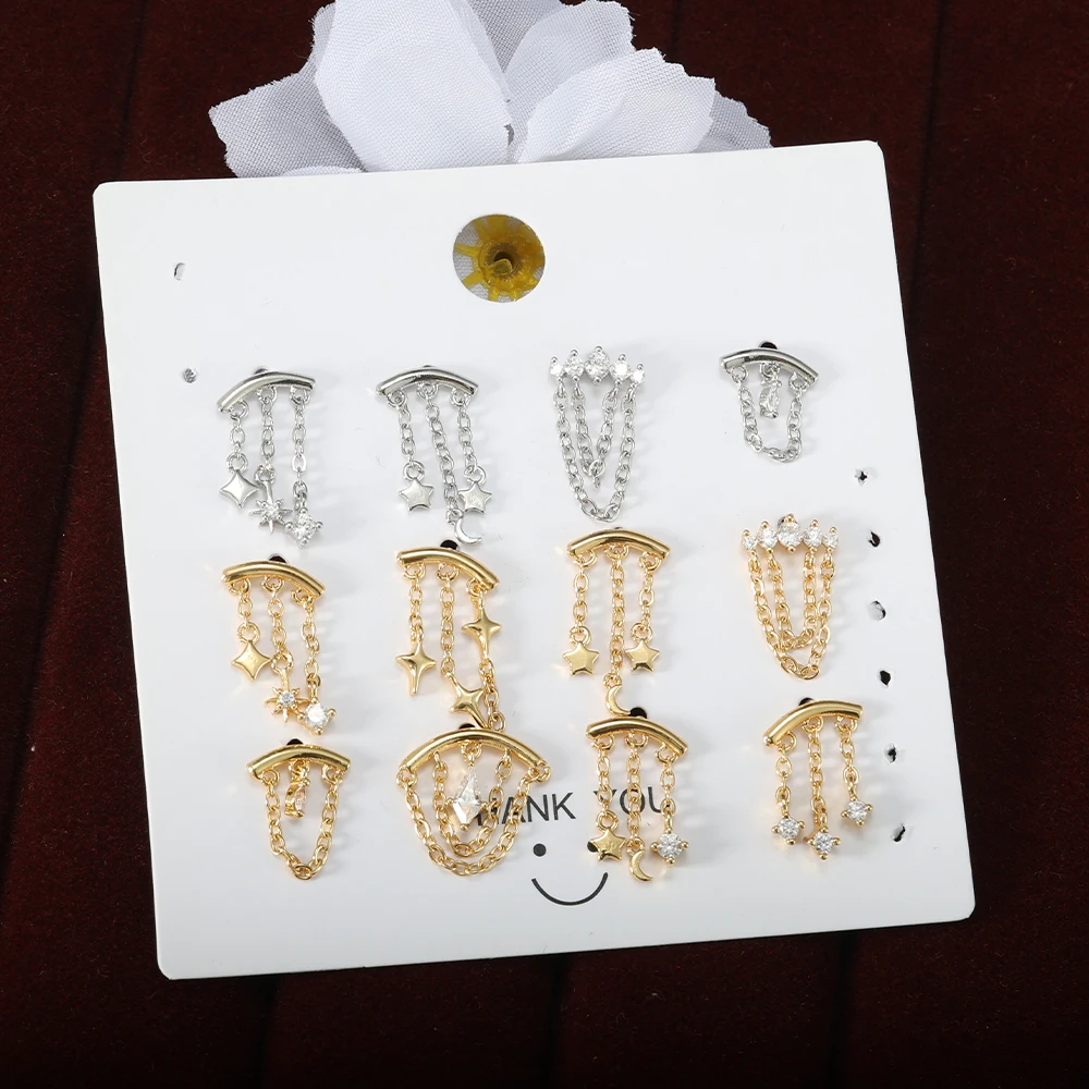 Dangle Chain CZ Zircon Labret Stud Extended Thread Helix Cartilage Piercing Stainless Steel Copper Inlaid Crystal Ear Piercing