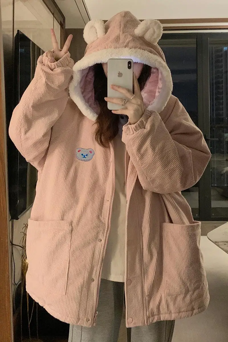 Korean Cute Hooded Loose Warm Cotton Coats Tops Fashion Jackets Casual Snow Wear Chaqueta Casaco Women Design Jaquetas Winter