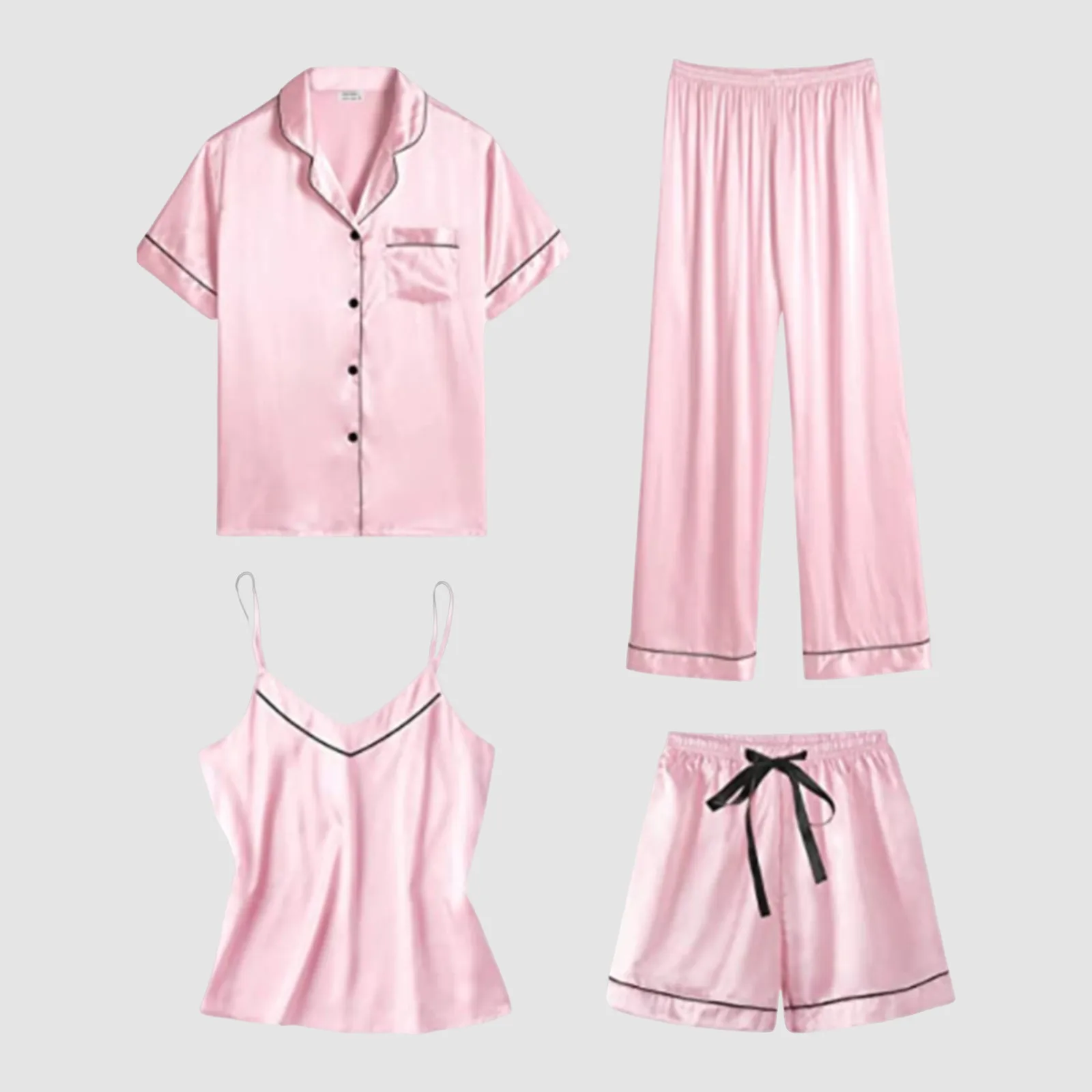 

4pcs Silk Satin Pajamas Set Women'S Sling Lingerie Short Sleeve Lapel Tops Trousers Shorts Set Solid Color Loungewear Nightwear