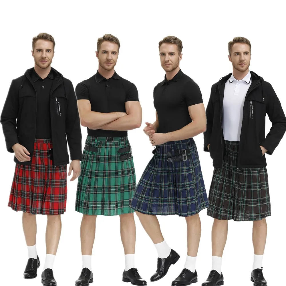 Kilt Costume Men\'s Scottish Plaid Pleated Skirt Holiday Traditional Costume Stage Performance Skirt Red Blue Green Brown