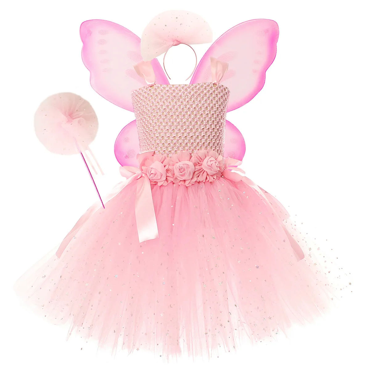 Colorful Mesh Sparkly Fairy Flower TutuTulle Dress With Headband Wing Fairy Wand Outfit For Halloween Carnival Birthday Princess