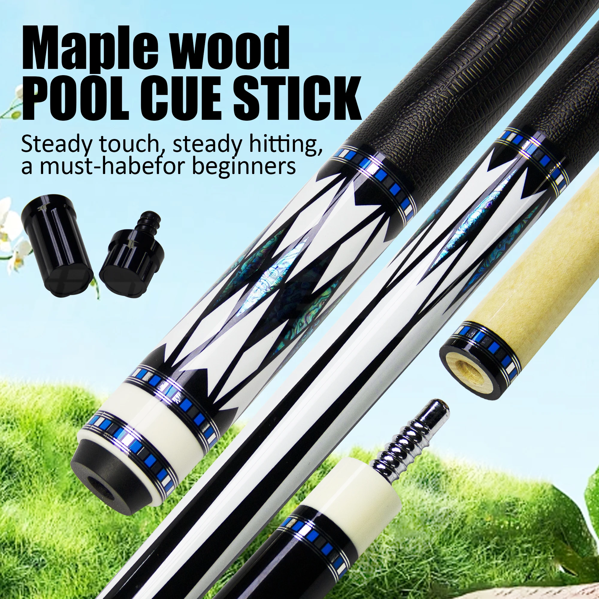 Limited Edition Blue and White Porcelain Pattern Maple Snooker Cue with 13mm Elastic Tip, Non-slip Handle, Professional Cue