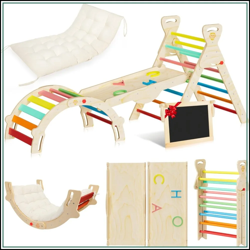 

8-in-1 Foldable Pikler Triangle Set, Wooden Climbing Toys for Toddlers, Indoor Jungle Gym with Slide & Arch, Space Saving