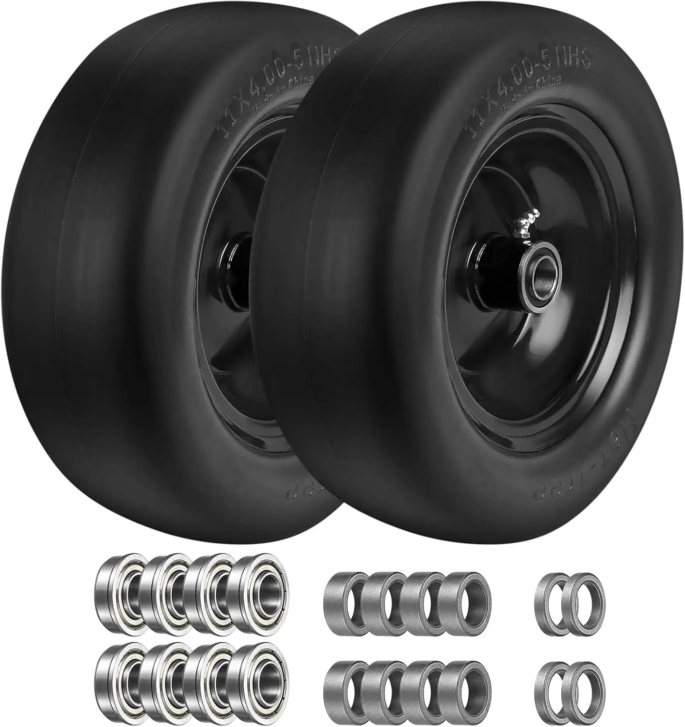 

11x4.00-5 Flat Free Solid Tire and Wheel Set with Adapter Kit for Zero Turn Mowers, 2-Pack