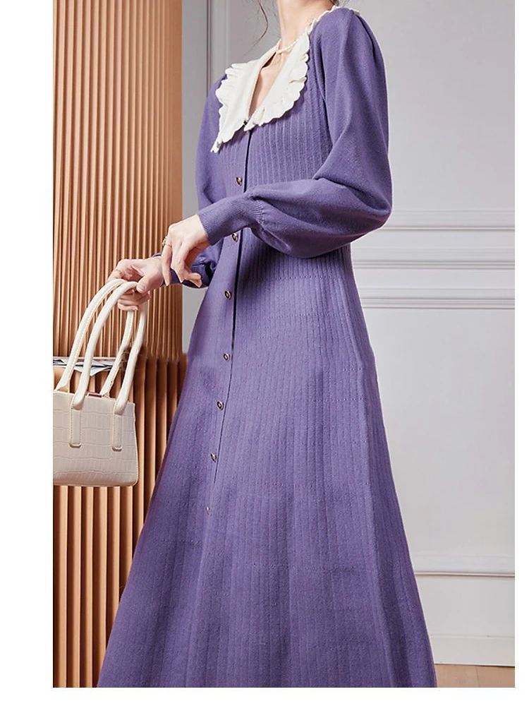 French Vintage Kint Sweater Dress for Women Winter Violet Contrasting Doll Neck Long Sleeve High Waist Spring Evening Dress Hot