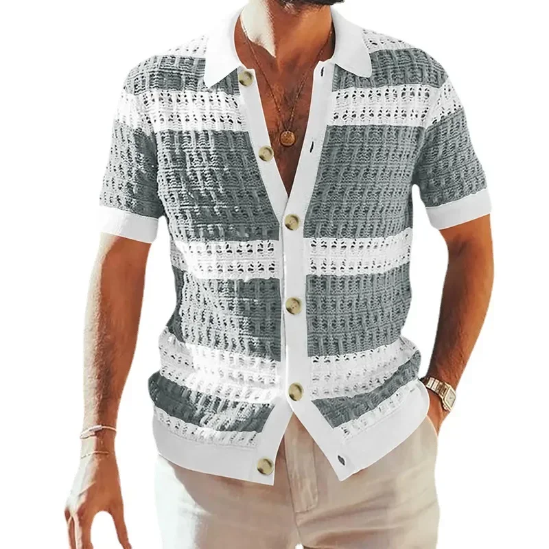 Casual Herren Gestrickte Shirts 2023 Frühling Sommer Lose Kurzarm Zugeknöpft Revers Stricken Strickjacken Männer Kleidung Vintage Gestreiften Hemd