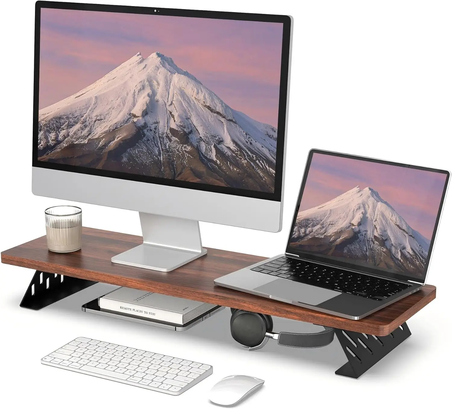 Monitor Stand Riser, Desk Top Shelf for 2 Monitors, Computer Stands for Desk, Wood & Steel Desktop Riser, Heavy Duty 55 lbs