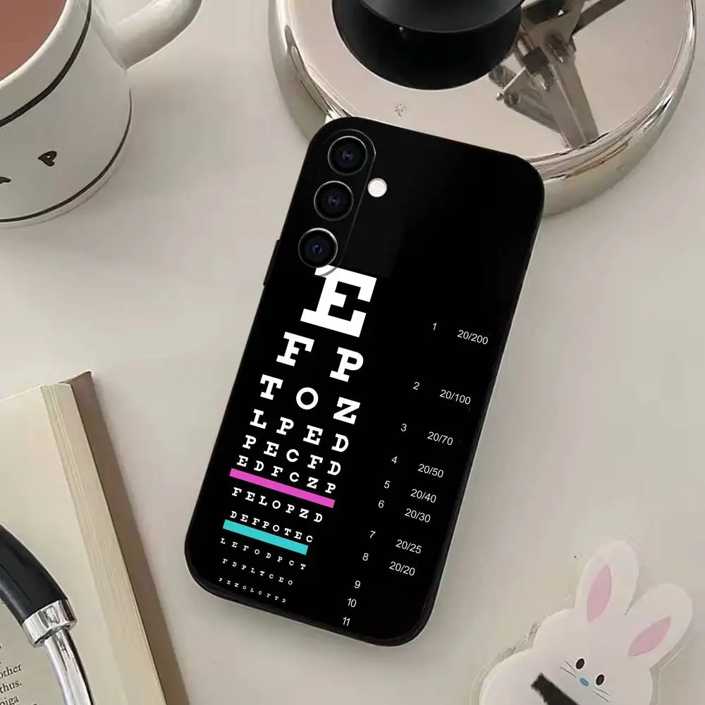 Etui na telefon z motywem tablicy optycznej do Samsung Galaxy A73, A72, A71, A70, A53, A52, A51 i innych, miękkie, czarne.