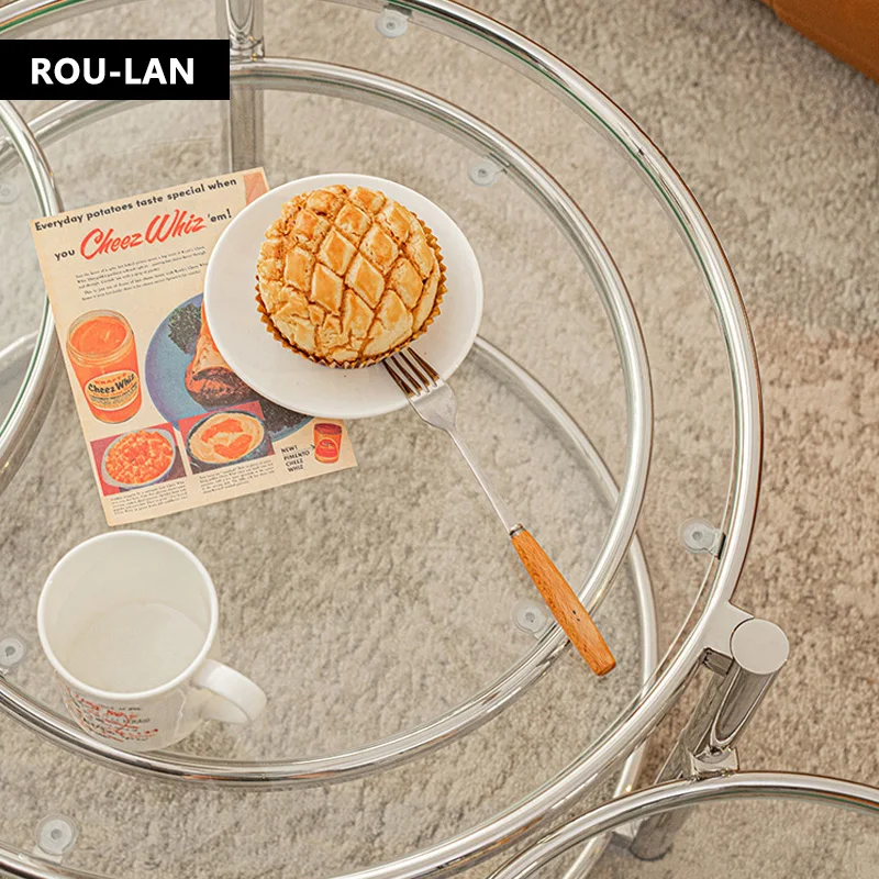 Tempered Glass Coffee Table Household Stainless Steel Tea Table Light Luxury Living Room With Movable Rotating Edge Table