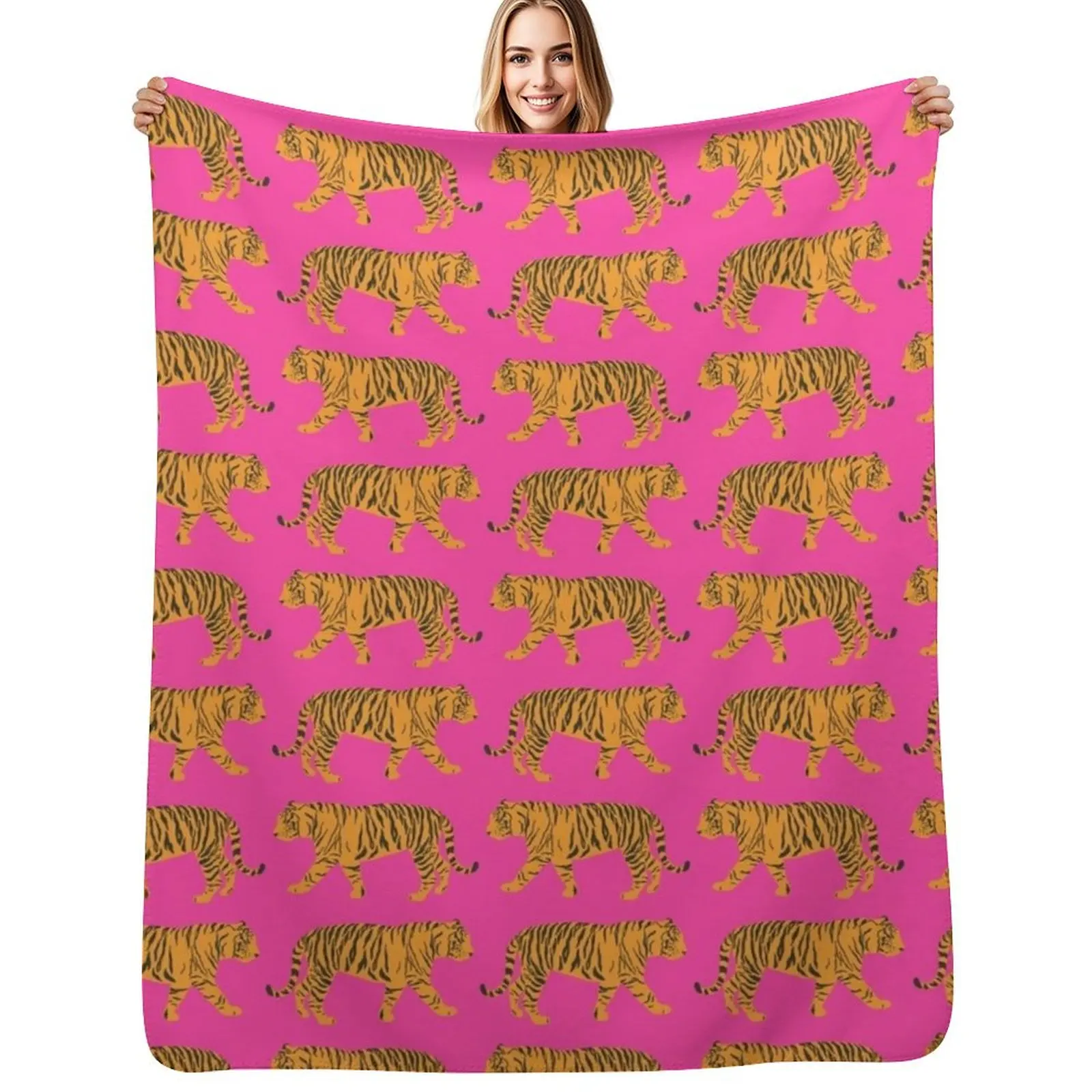 Hot Pink and Orange Bengal Indian Tiger Print Pattern Throw Blanket Soft Sherpa Fleece Warm Blanket for Winter
