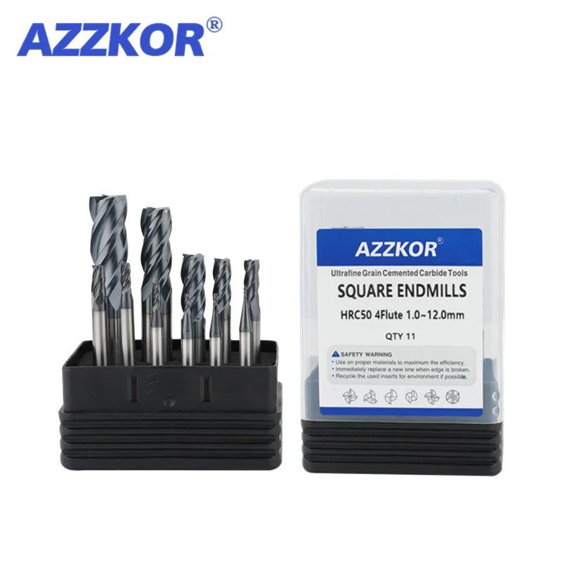 

AZZKOR 1.0mm-12.0mm 11PCS-Set Tungsten Steel Milling Cutter HRC50 4-Flute Carbide Endmill CNC Machining Center End Mill Tools