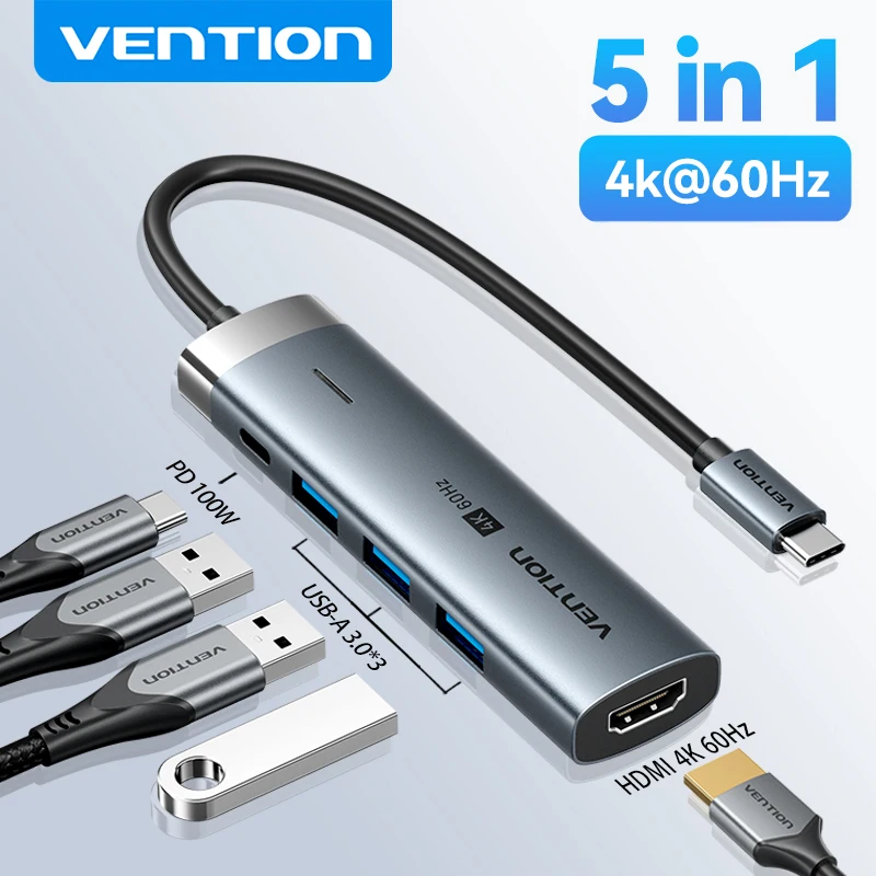 

Vention 5 in 1 USB C HDMI 4K 60Hz HUB USB 3.0 3.2Gen1 5Gbps PD 100W Adapter Splitter for MacBook iPad Air Samsung Xiaomi Laptop