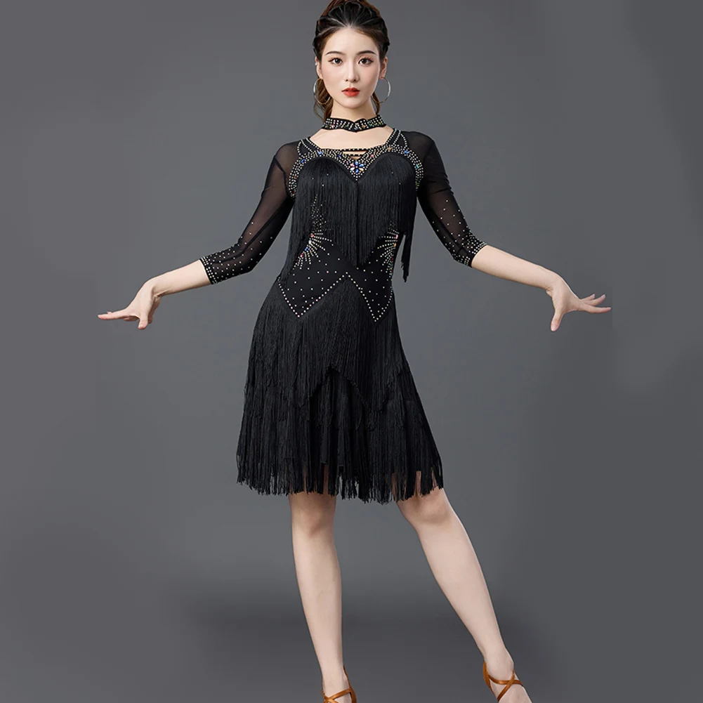 فستان تانجو من حجر الراين فستان رقص لاتيني نسائي جديد أسود للمنافسة فستان أصفر طويل الأكمام أحمر طويل الأكمام
