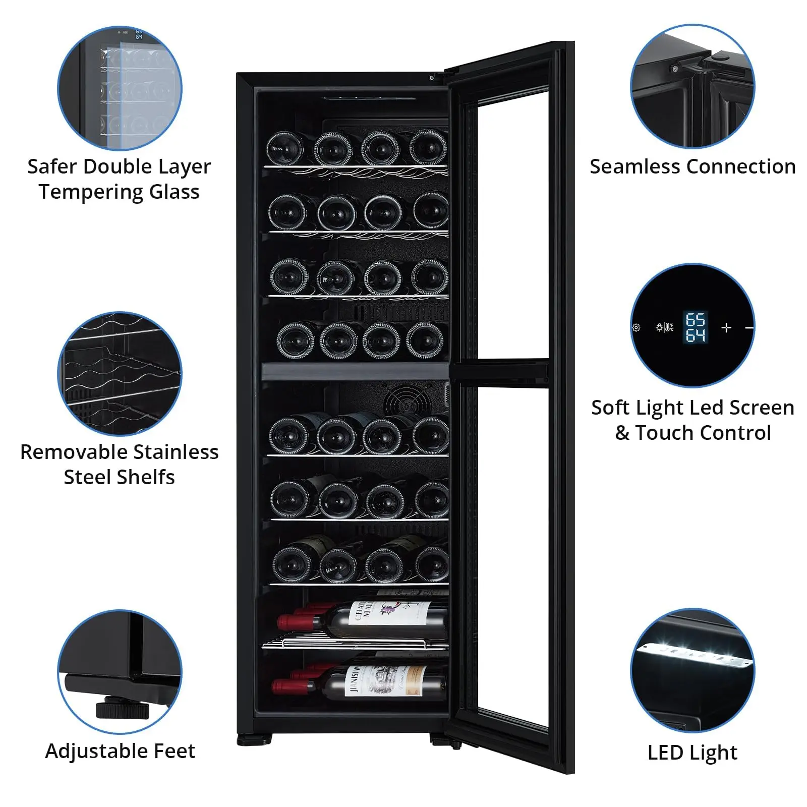 39本収納 ワインクーラー ビルトイン/自立両用 デュアル温度 シングルゾーン 省エネ メタル製ワイン冷蔵庫 温度調節機能付き