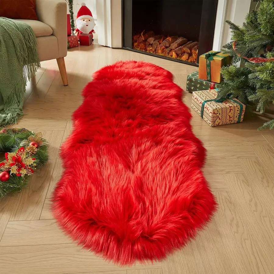 

Faux Sheepskin Rug, Red Ultra Soft Fluffy Shag Area Rug, 2 x 6 ft Faux Fur Rug for Bedroom Sofa Throw Cushion Room Decor, Sheeps