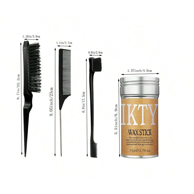 4 Pcs Set (1Wax+3Brushs)Wax Stick for Hair, Pomade Long-Lasting Wax, Smoothing & Slick Stick for Wigs, Styling Waxes for Fly Awa