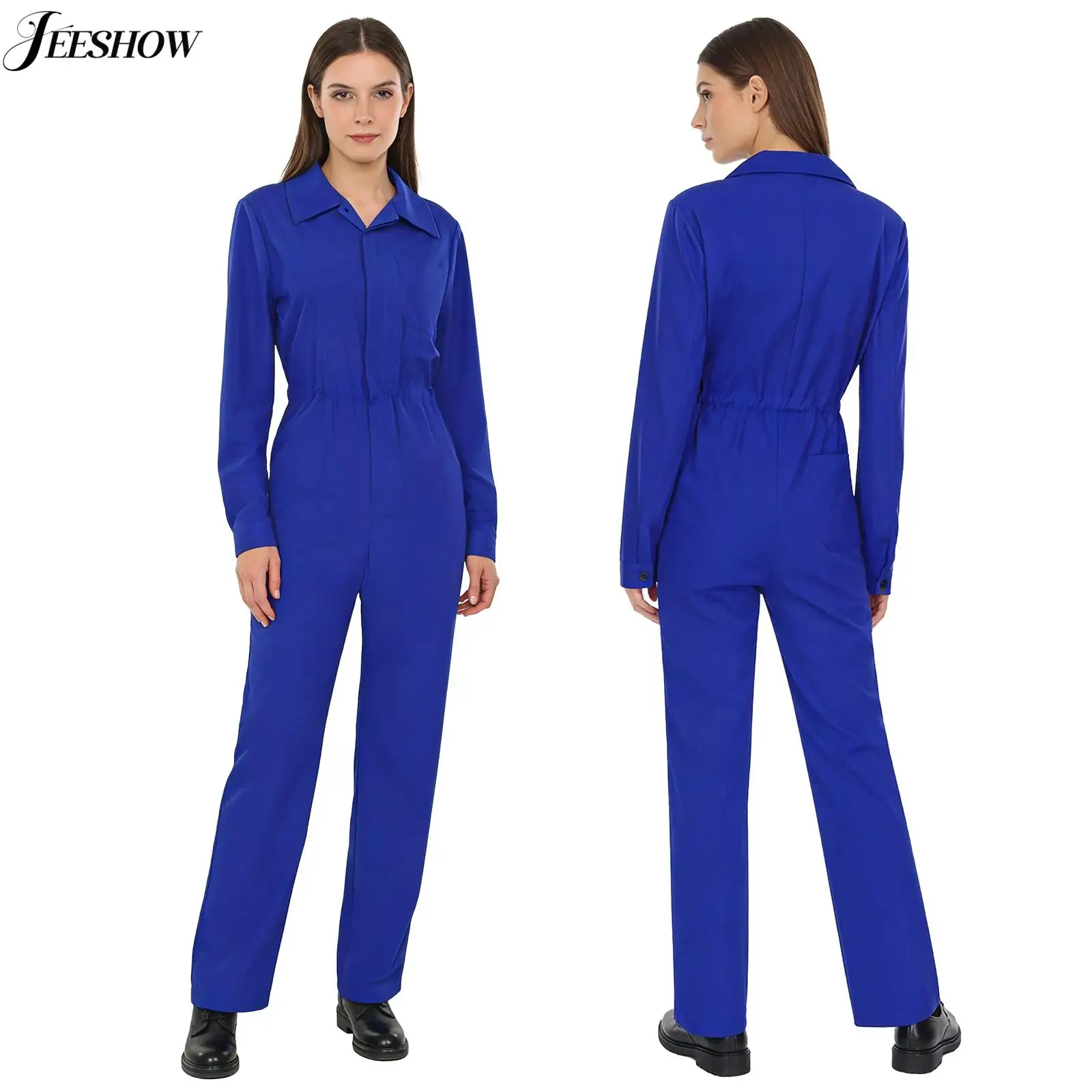 Combinaison pour femme, couleur unie, manches longues, col rabattu, boutonnée, jambe droite, décontractée, pour tous les jours, vêtements de travail