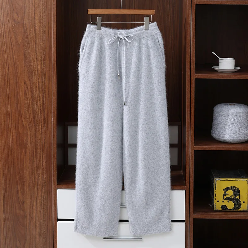 

Брюки из 100% чистой норки, осенние и зимние вязаные брюки, мужские свободные брюки с прямыми штанинами, повседневные широкие брюки с высокой талией