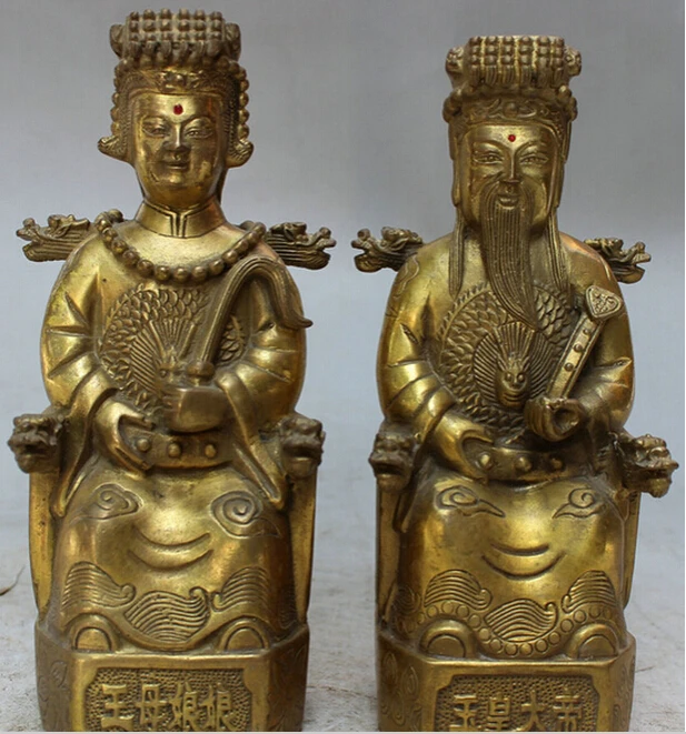 

Chinese Brass Dragon Head Queen Mother Jade Emperor God of Heaven Statue Pair