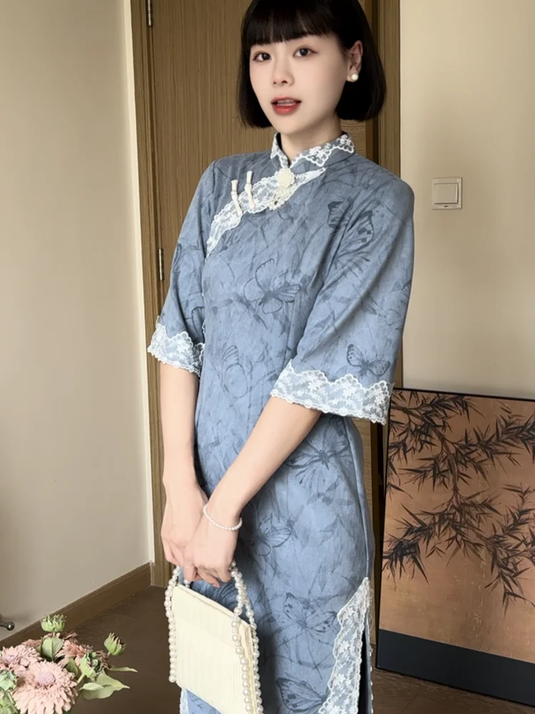 blu-slim-fit-stampa-floreale-qipao-dr-donna-faion-retro-sle-gonna-di-media-lunghezza-traspirante-seven-sve-abbigliamento-casual