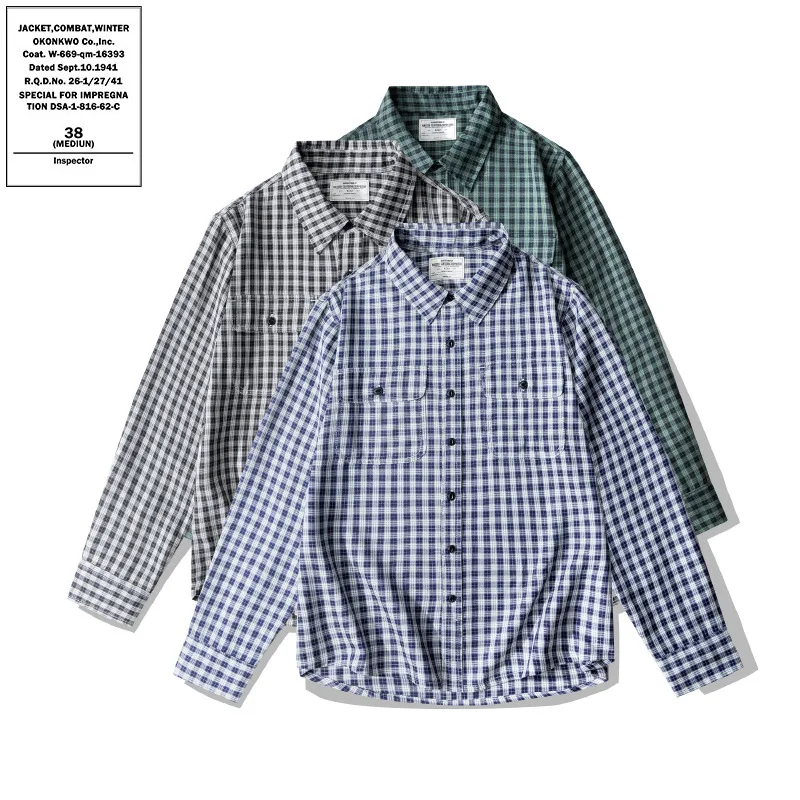 

OKONKWO College style small plaid shirt Ami Khaki retro basic long-sleeved shirt