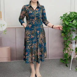 Summer Clothes for Women Embroidered Flares Turn-down Collar Patchwork Pockets Three Quarter Sleeve Vintage Printing Dress