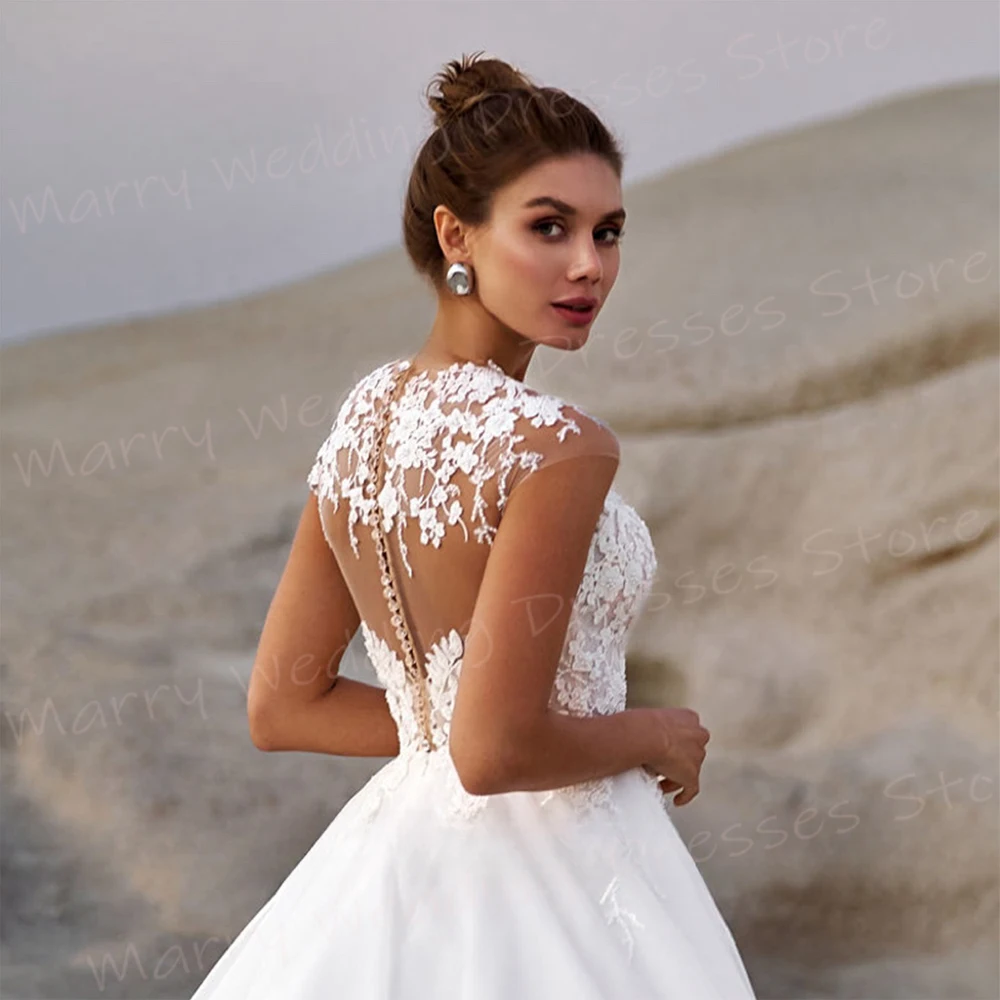 Hermosos vestidos De novia De línea A para mujer, apliques De encaje A la moda, vestidos De novia, manga casquillo, abertura lateral alta, bata De playa