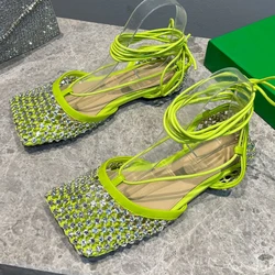 Mesh Hollow Design Women shoes Rhinestone Strappy Sandals Square Toes Wedding Sandals Fashion Runway Party Sandal Women's Shoes