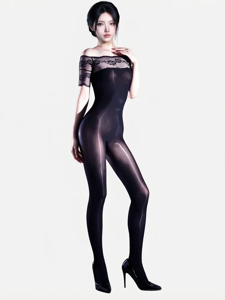 Fashion Short Sleeve Off Shoulder Women Bodysuit Lace Patchwork High Elastic Shaping Wear Oil Shiny Thin Bodysuit Maid Leotard