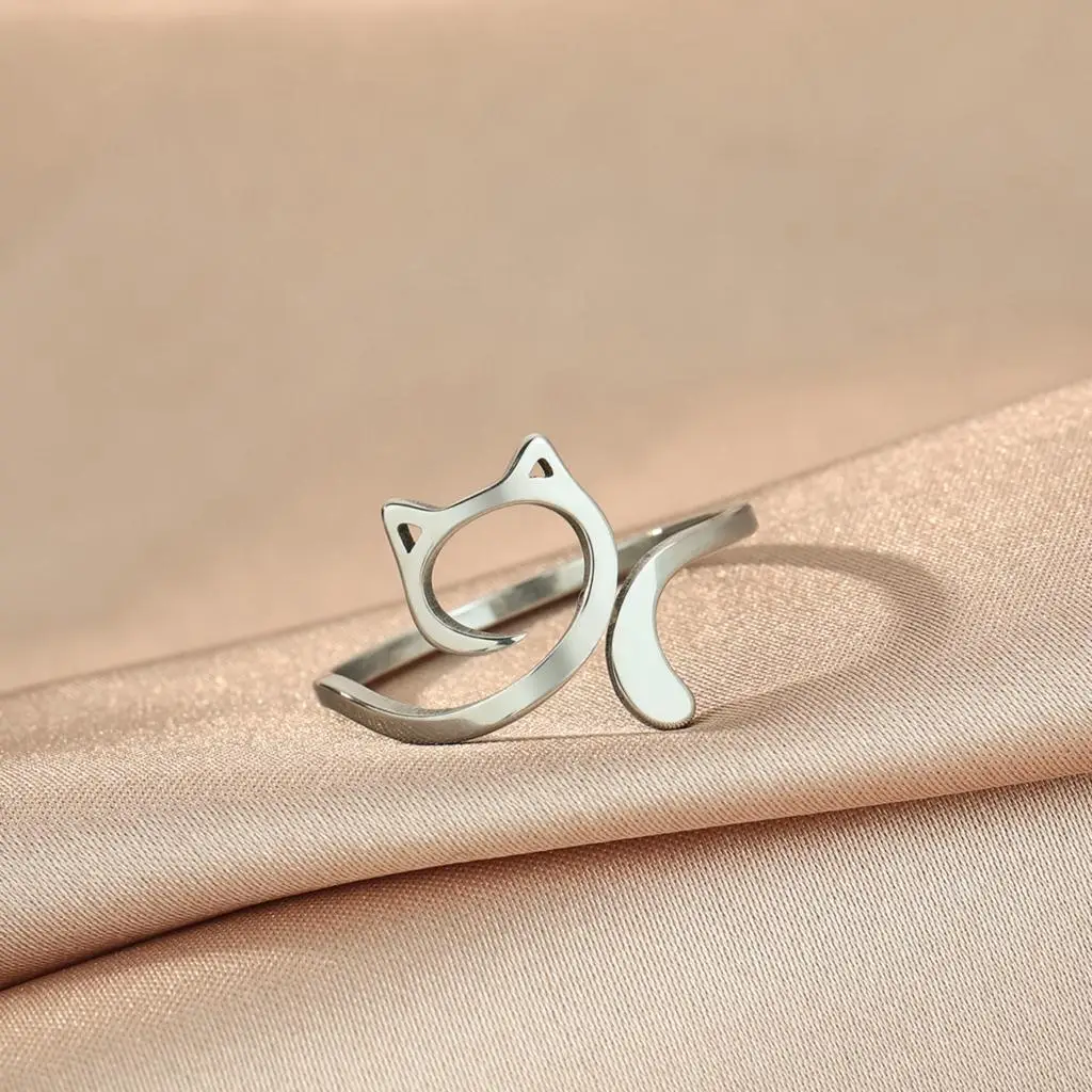 QIMING Minimalist Cute Cat Simple Rings Girls Women Stainless Steel Animal Jewelry Lovely Stacking Ring Birthday Gift