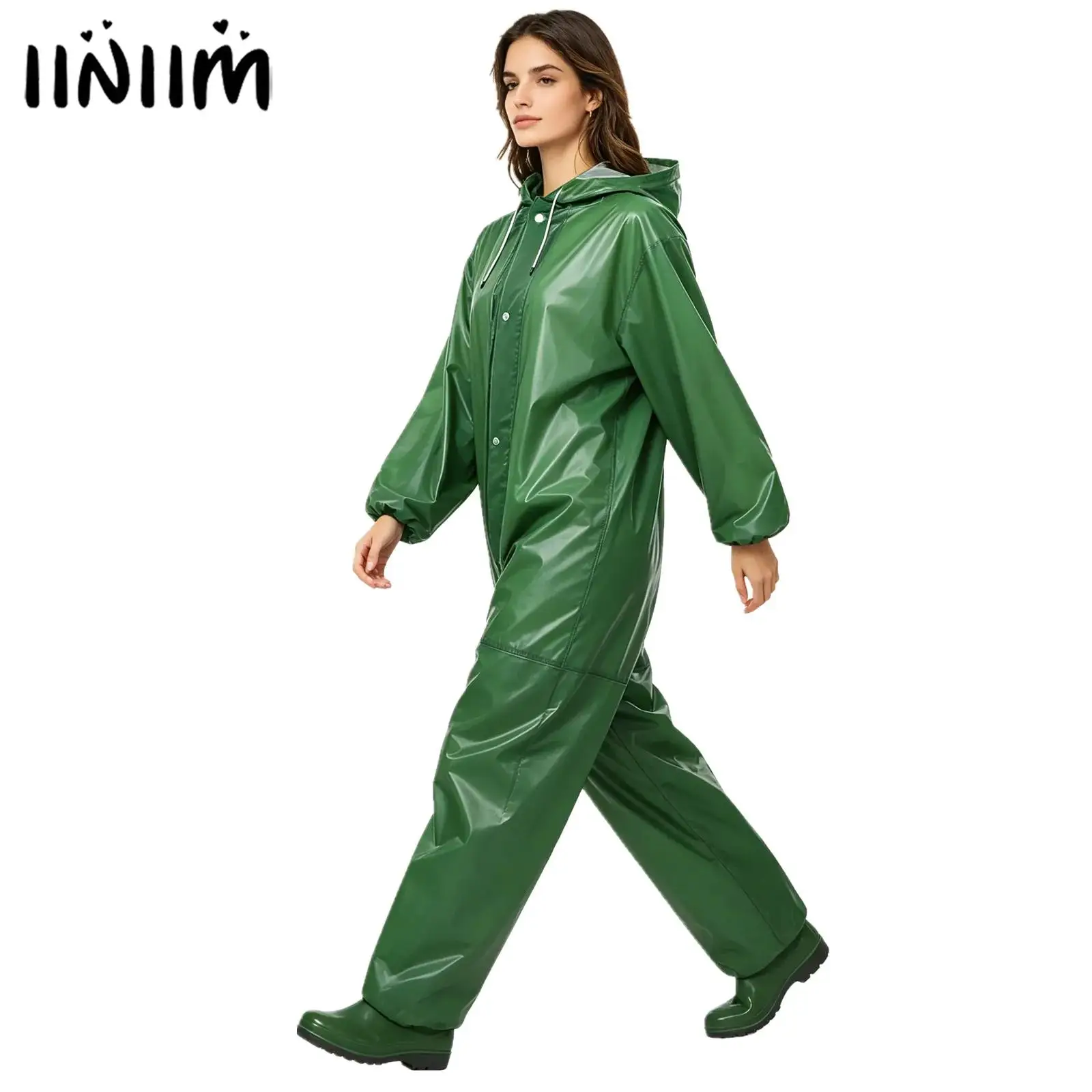 Ganzkörper-Regenmantel für Herren und Damen mit Kapuze, Kordelzug, Knopf vorne und Reißverschluss, einteiliger wasserdichter Overall, Arbeitskleidung, Kostüm