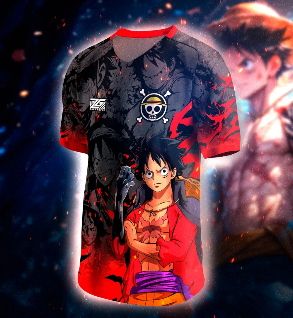 

One Piece Luffy Anime Jersey - Black & Red Straw Hat Pirate Symbol Manga Art Unique Fan Wear for OP Enthusiasts