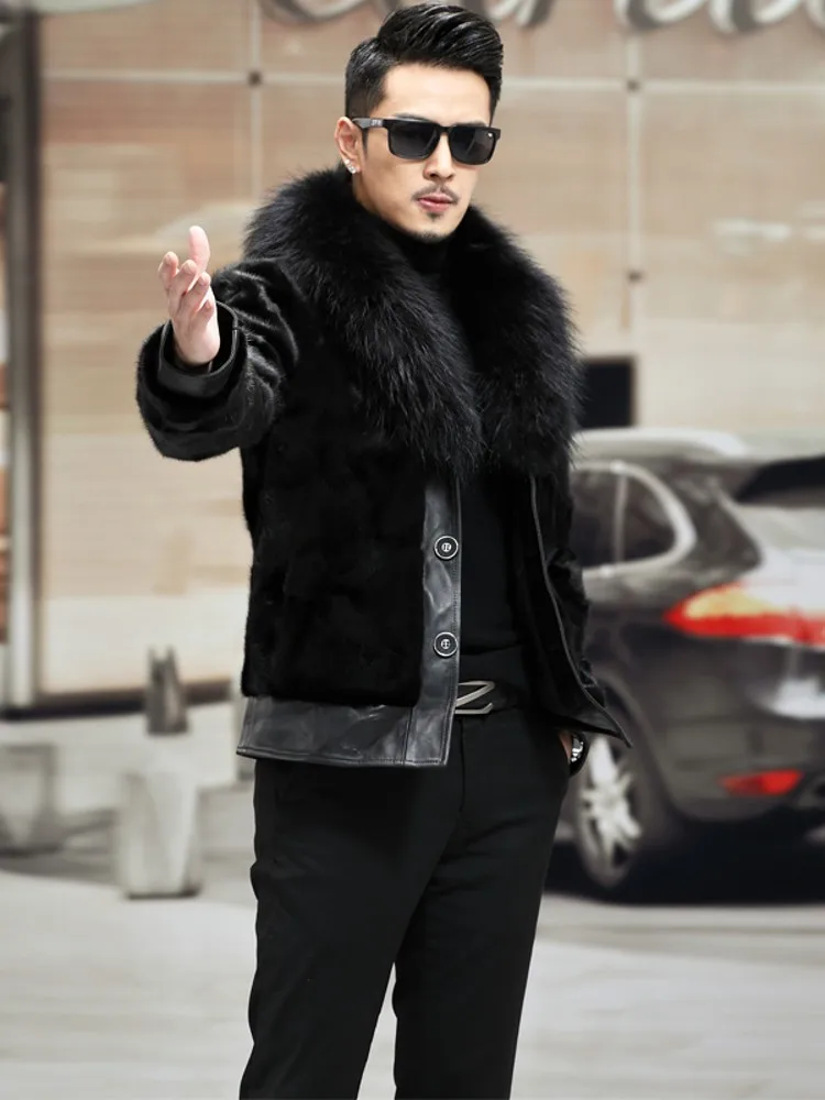 Business Man Winter Party Raccoon Fur Collar Outwear Coat Luxury Real Mink Fur Jacket Leather Patchwork Male Natural Fur Jacket