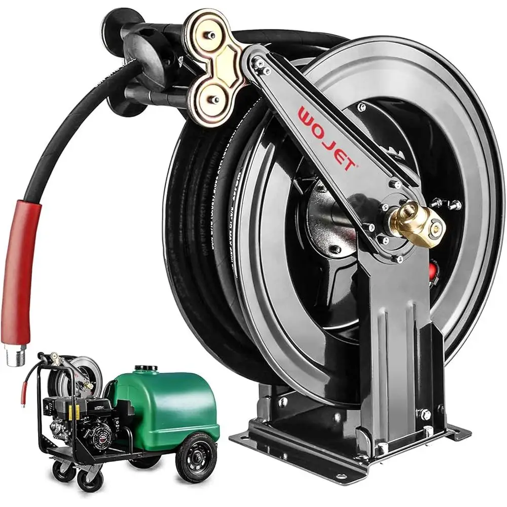 

Commercial Grade Retractable Hose Reel 50ft x 3/8in Pressure Washer Heavy Duty Steel Auto Rewind System Maximum Durability