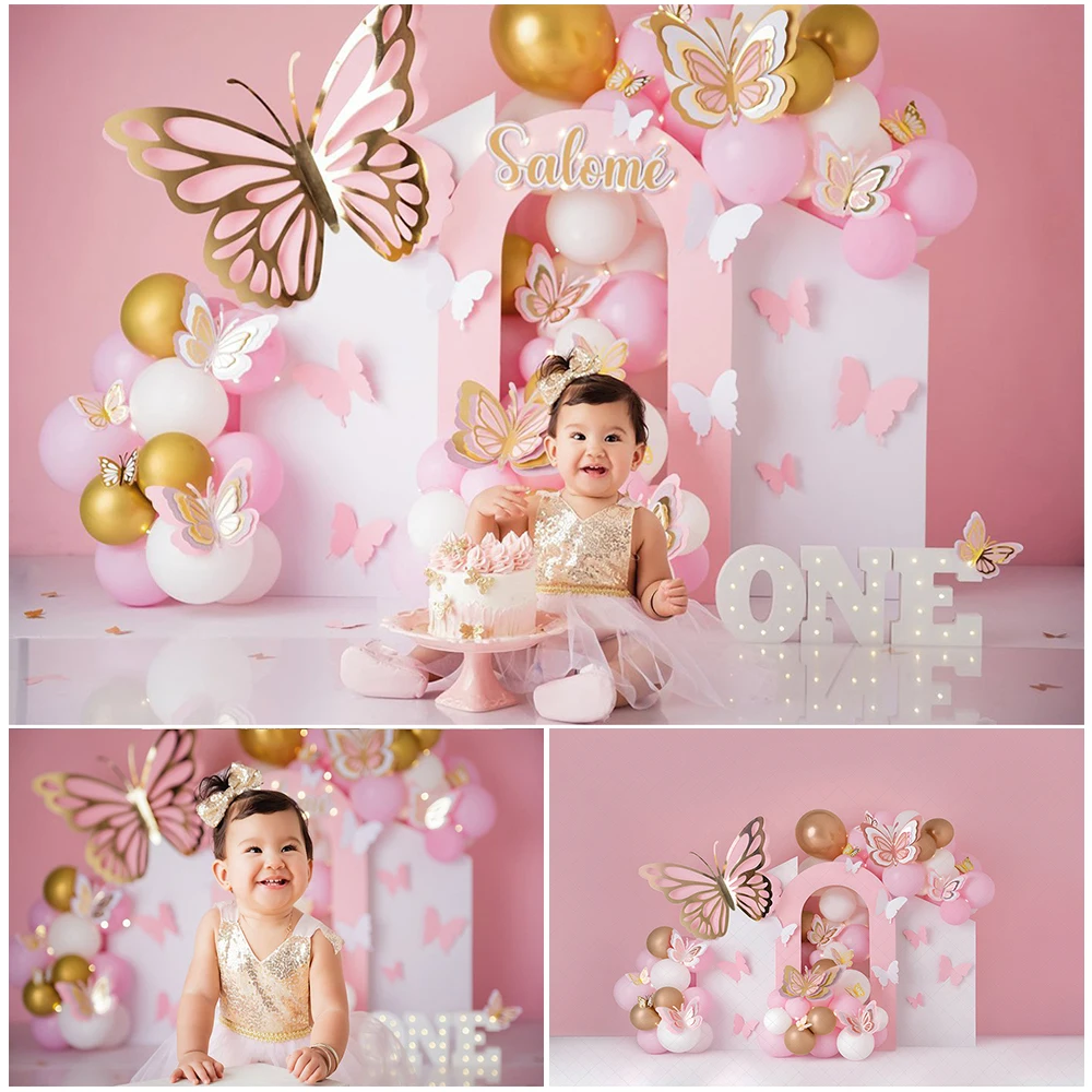 Prettiest Golden Butterflie Photography Backdrop Girl Birthday Cake Smash Photo Background Pink Balloon Decor Photo Studio Props