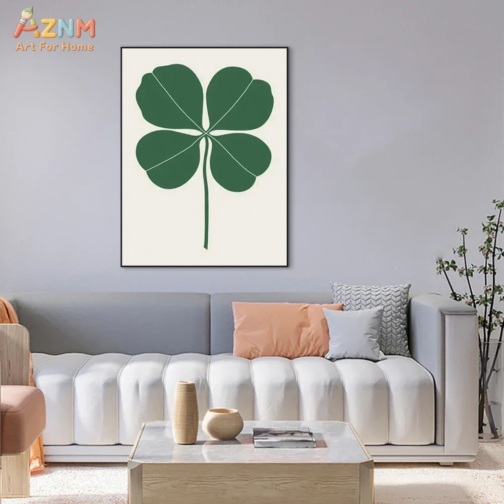 AZNM Four Leaf Clover Canvas Print, Green Shamrock Minimalist Unframed Canvas Painting, Lucky St Patrick Day Wall Art Decor
