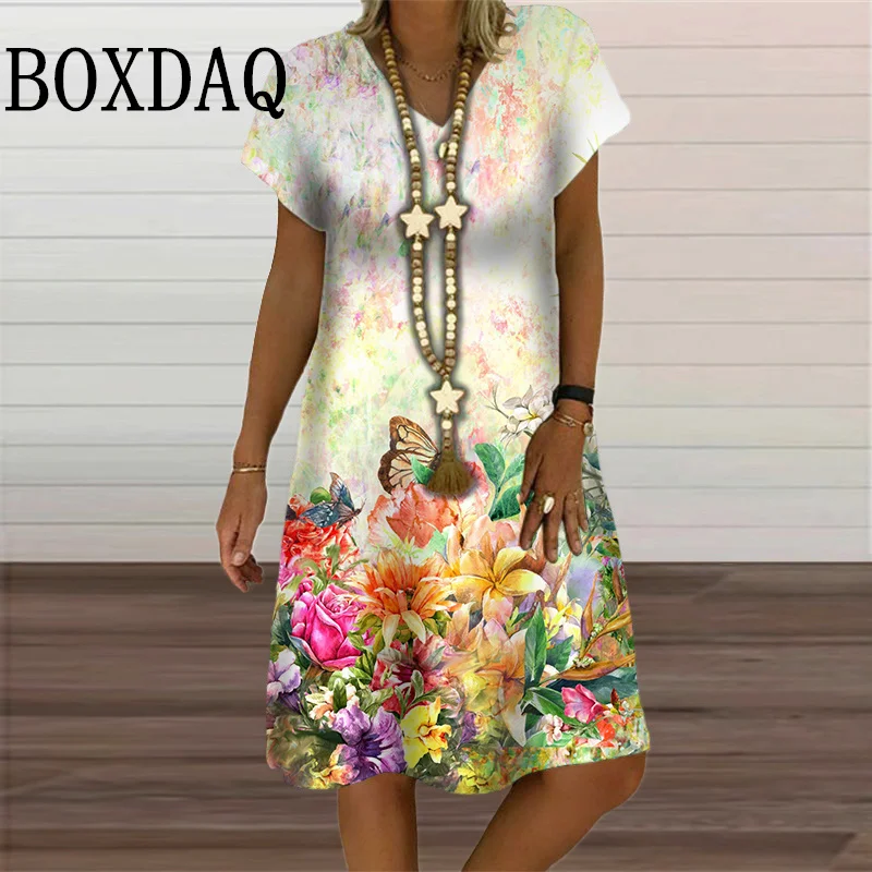 

Summer Vintage Dress Flower 3D Print Loose Dress Women'S Clothes Casual V-Neck Short Sleeve Retro New Midi Dress Ladies Sundress