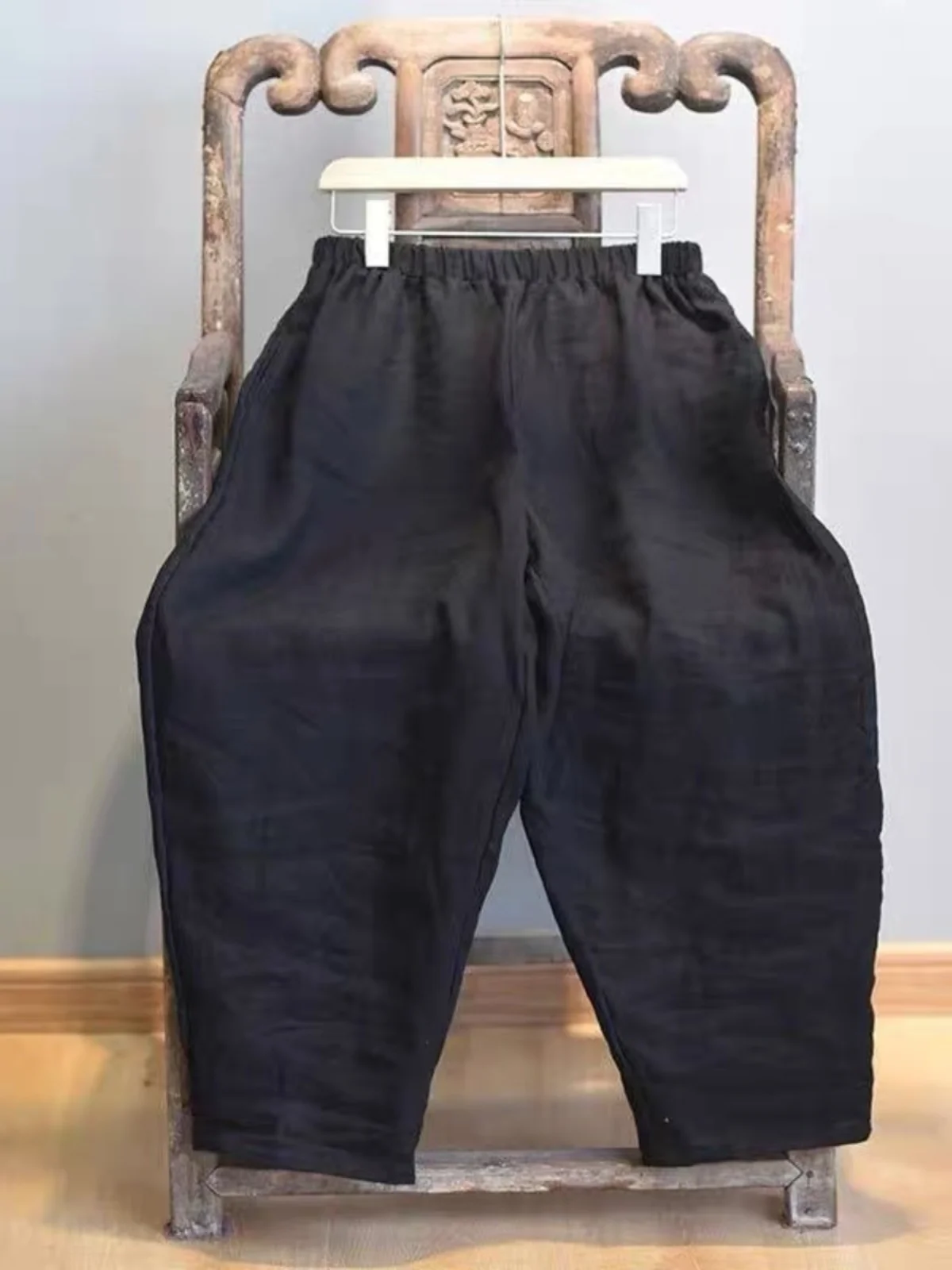 กางเกงฮาเร็มเอวยางยืดผ้าป่านสไตล์เรโทรสำหรับผู้หญิงไซส์ใหญ่ ทรงหลวม ปกปิดหุ่น สไตล์ลำลอง ผ้าลินิน กางเกงทรงแครอทเก้าส่วน สำหรับฤดูใบไม้ร่วง