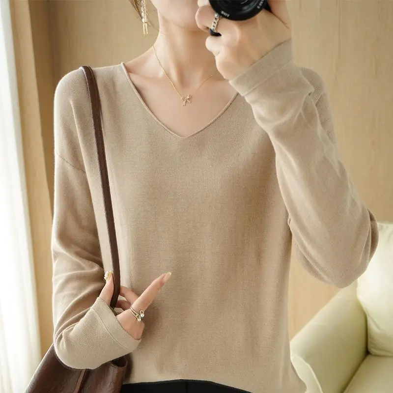 Stylish V-Neck Solid Color Knitted All-match Sweater Women Clothing 2022 Autumn New Oversized Casual Pullovers Loose Korean Tops