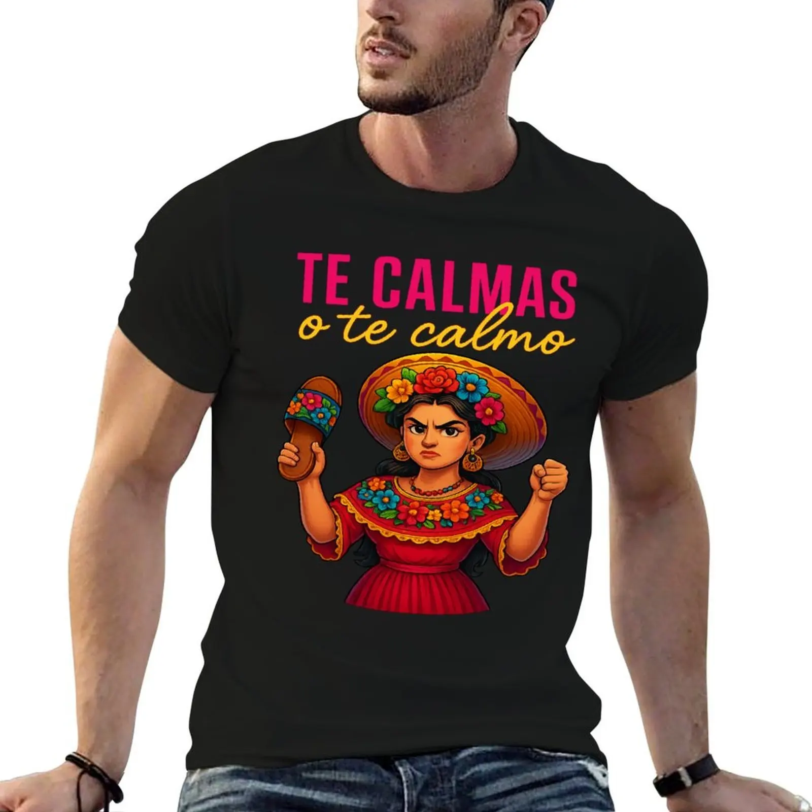 Te Calmas o Te Calmo Fierce Latina Chancla تصميم تي شيرت أسود قطن تي شيرت عادي للرجل حزمة رجل جرافيك تي شيرت تي شيرت