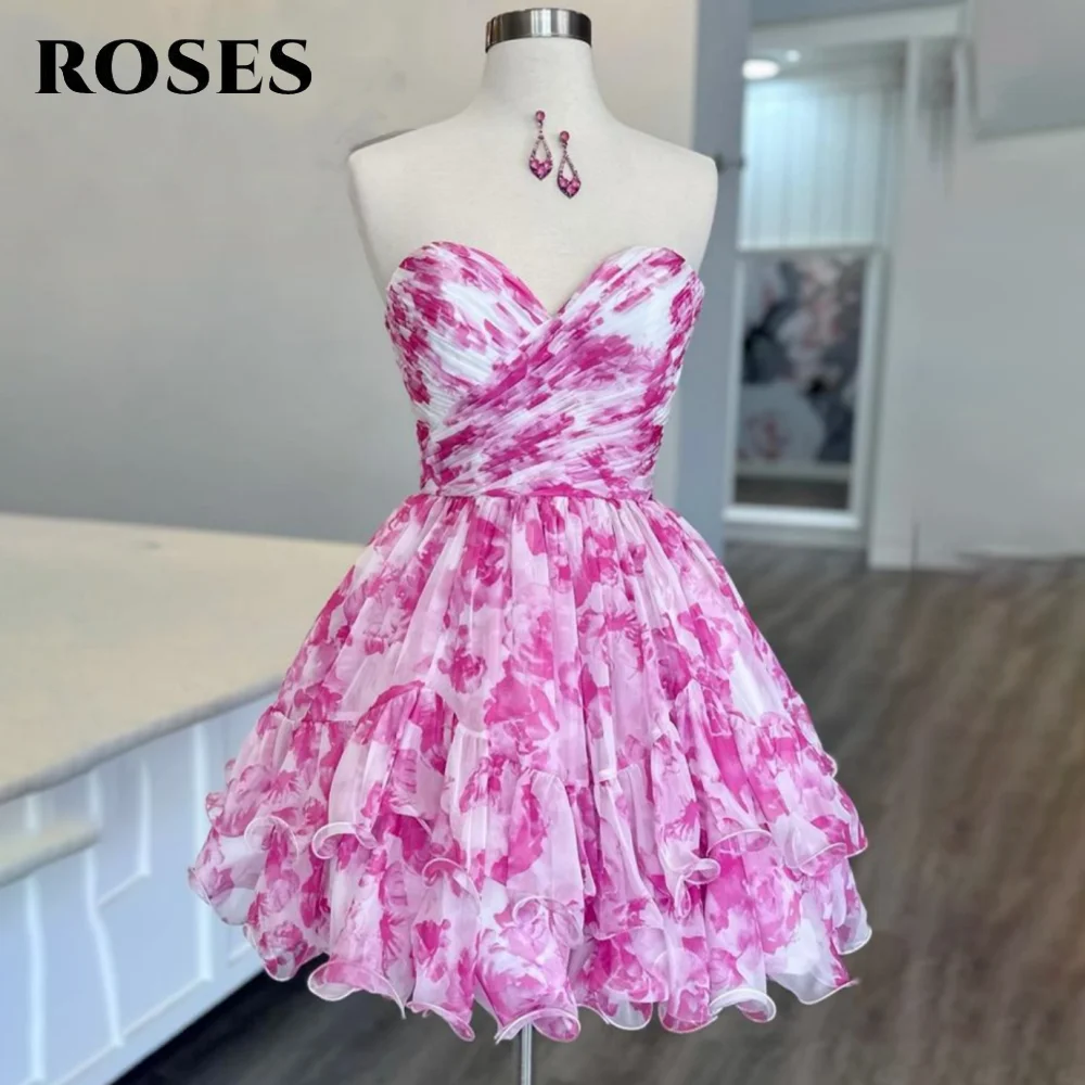 

ROSES Pink A-Line Strapless Homecoming Dress Sweetheart Pleats Short Night Dress Sleeveless Tiered Cocktail Dresses Customized