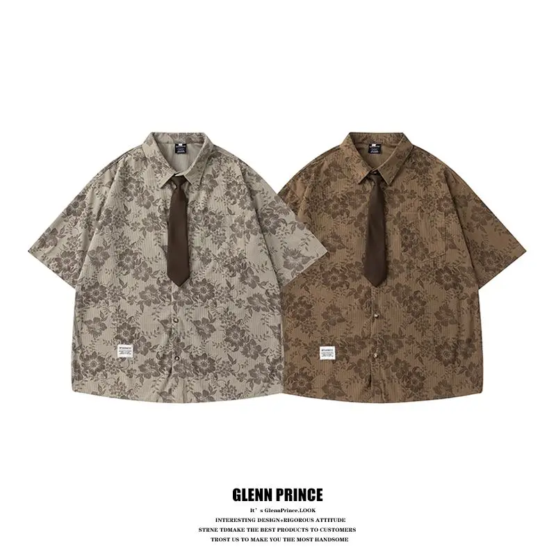 BEIANJI 2025 new men clothing American retro corduroy floral short-sleeved shirt men's summer loose couple tie shirt for mens