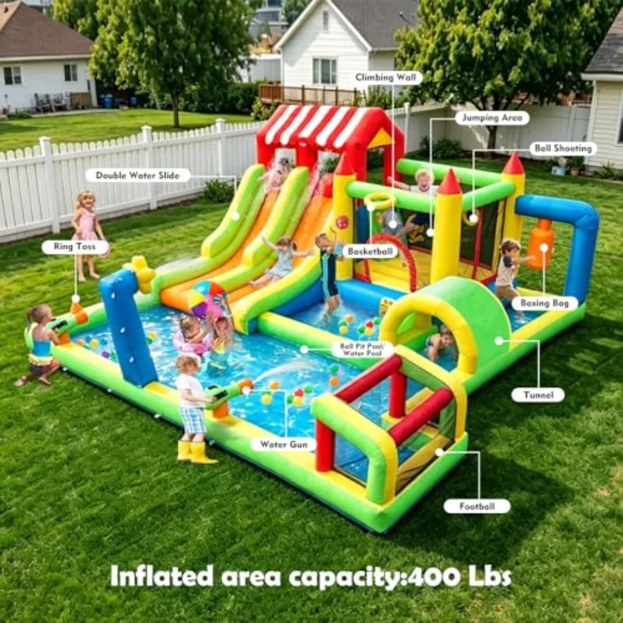 11-in-1 inflatable water slide bounce house for backyard use, PVC material, blue and yellow, quick-setup with blower and full a