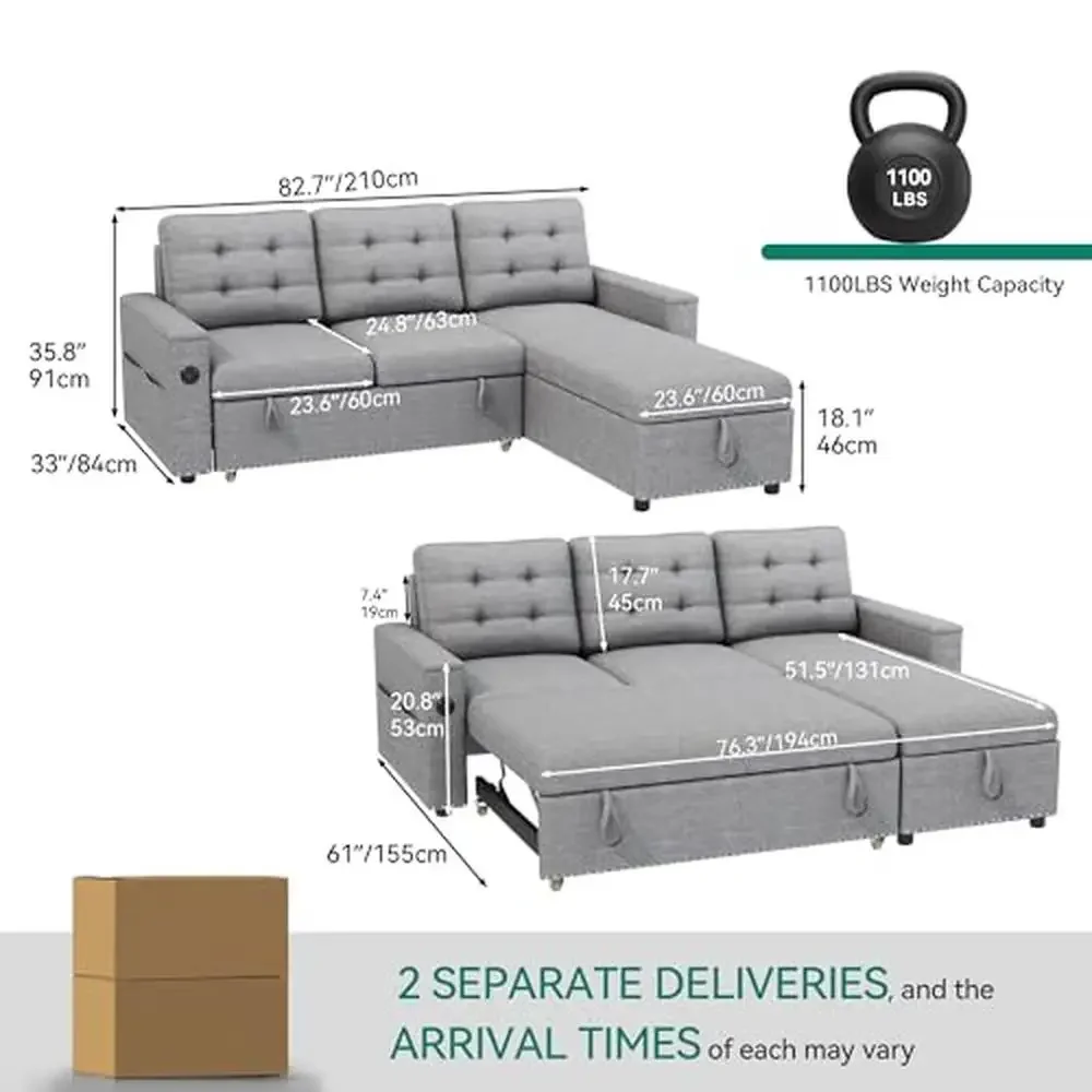 Convertible Sleeper Sofa Bed with Trundle Mechanism USB & Type C Charging Ports Hidden Storage L-Shaped Sectional Living Room